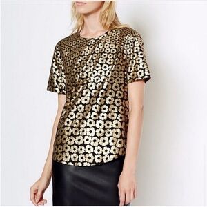 Equipment Femme Silk Gold Black Metallic Floral Short Sleeve Blouse. Size Small